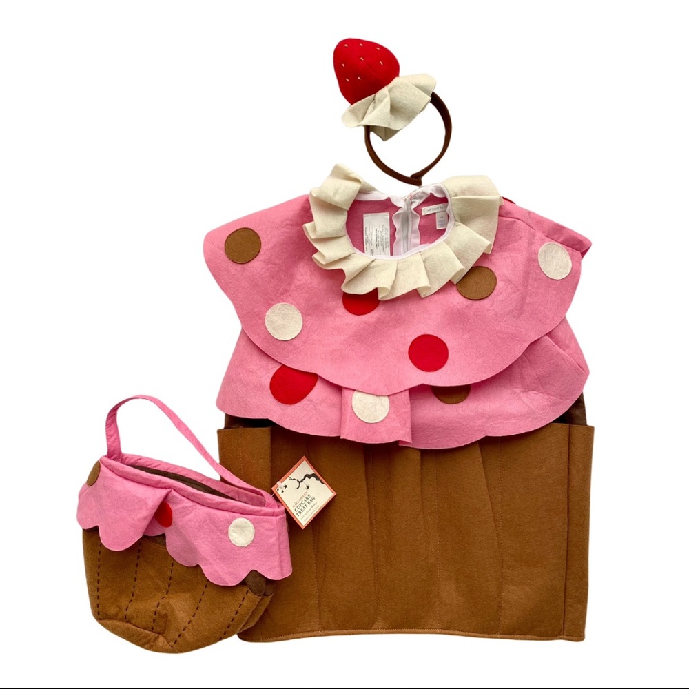 NEW Pottery Barn Kids Strawberry Pink Cupcake Costume + NWT Treat Cupcake Bag